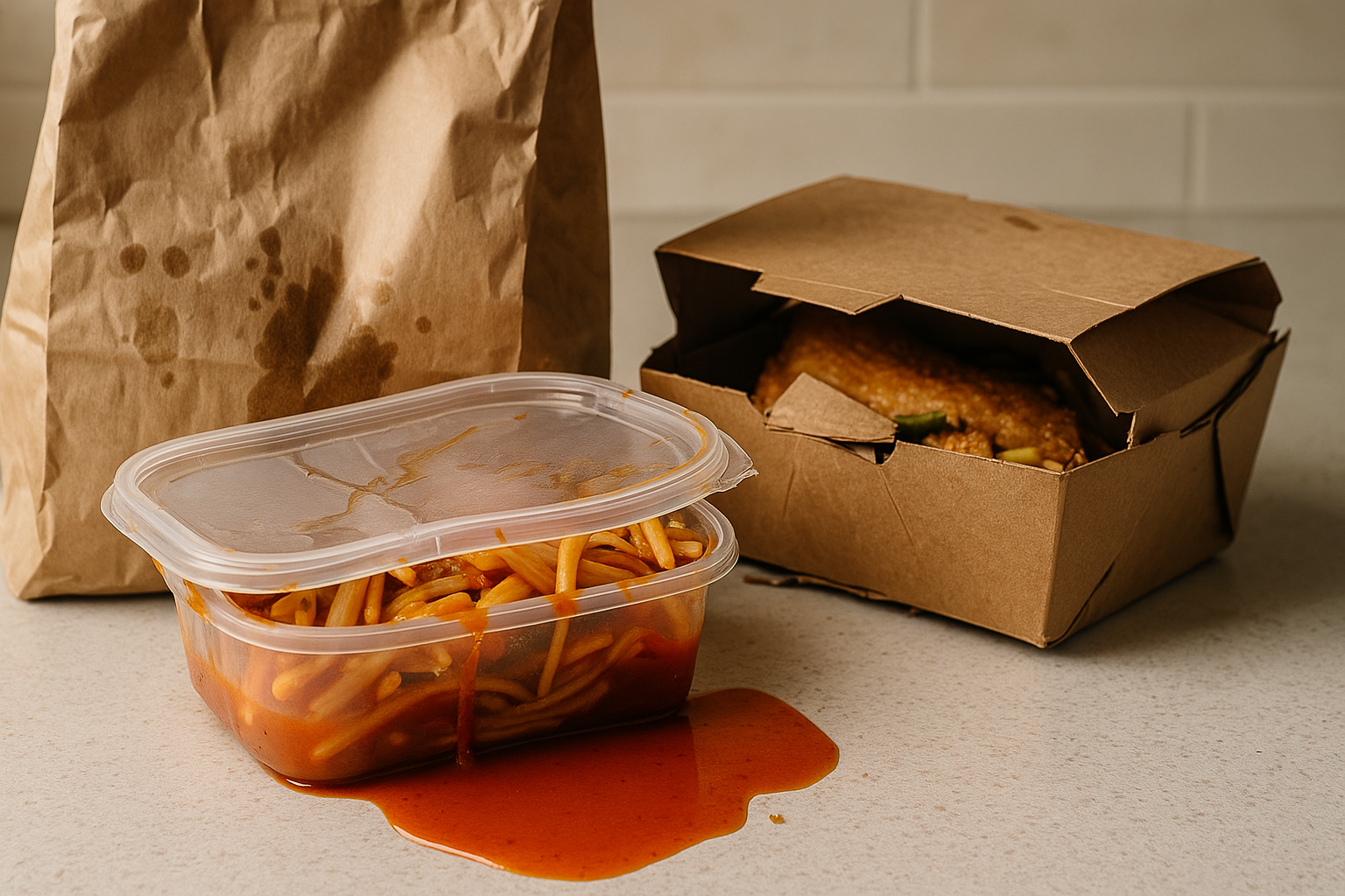Envase de comida para llevar derramado. Los principales errores al escoger un envase de comida para llevar