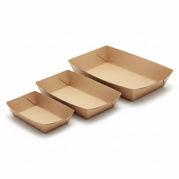 Bandejas de cartón para comida, fabricadas en papel kraft. Son desechables y resistentes al calor