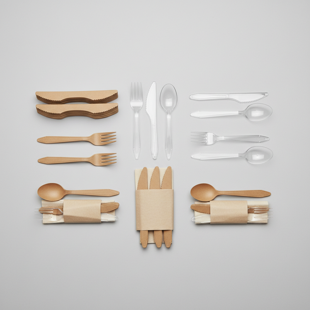 Cubiertos desechables para hotelería como cucharas, tenedores y cuchillos, fabricados en cartón y en plástico