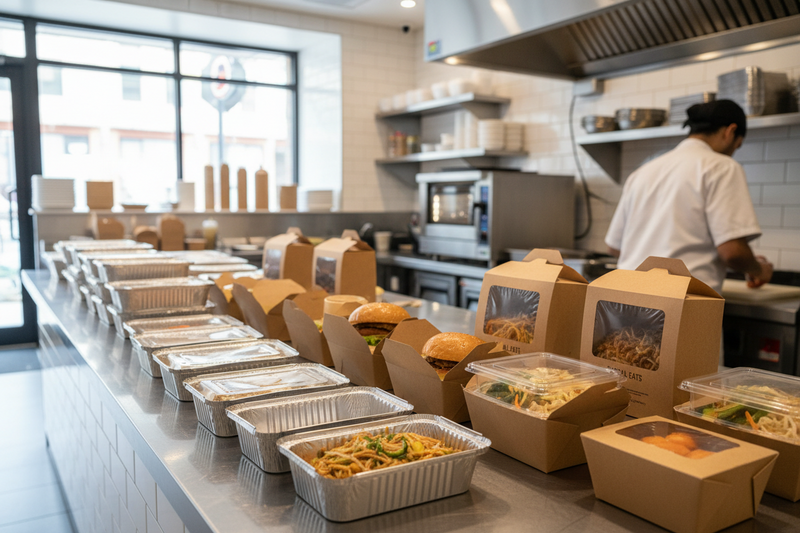 Envases de comida para llevar de aluminio, envases de comida para llevar de papel kraft, envases de coida para llevar de plastico en un local de comida para llevar