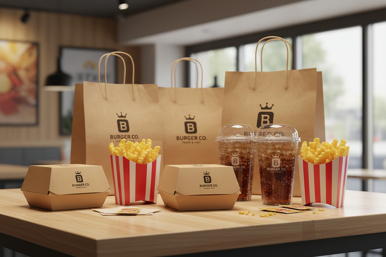 Envases para hamburgueserías, compuesto por cajas para hamburguesas, cajas para patatas fritas, bolsas de papel kraft, vasos desechables para bebidas