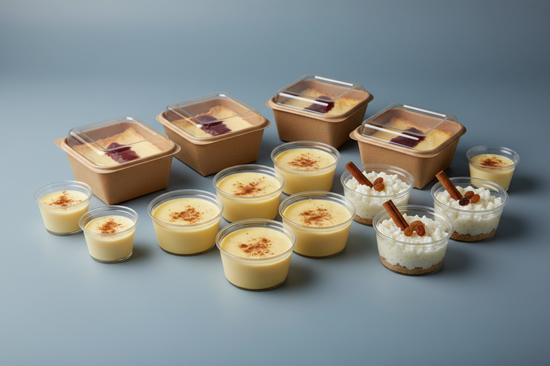 Envases y tarrinas para postres en distintos materiales; papel kraft, plástico. Ideales para natillas, arroz con leche, tartas de queso, tartas de la abuela, tiramisú