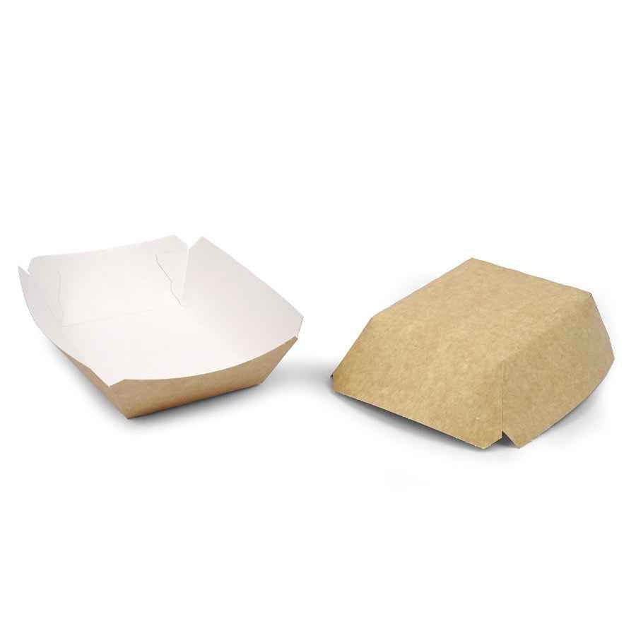 Bandeja papel kraft antigrasa desechable para comida para llevar. Ideal para fritos como aritos de cebolla, patatas fritas y croquetas