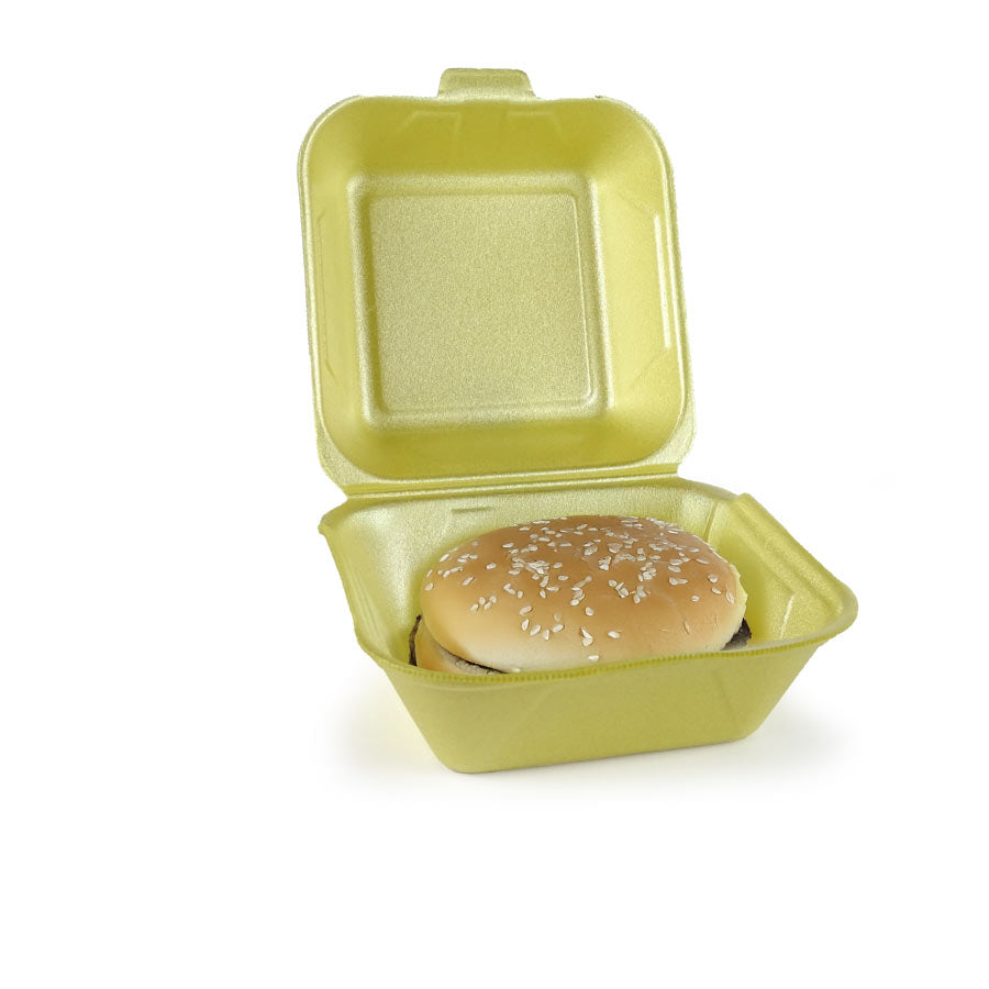 caja para burguer de porex abierta con una hamburguesa en su interior